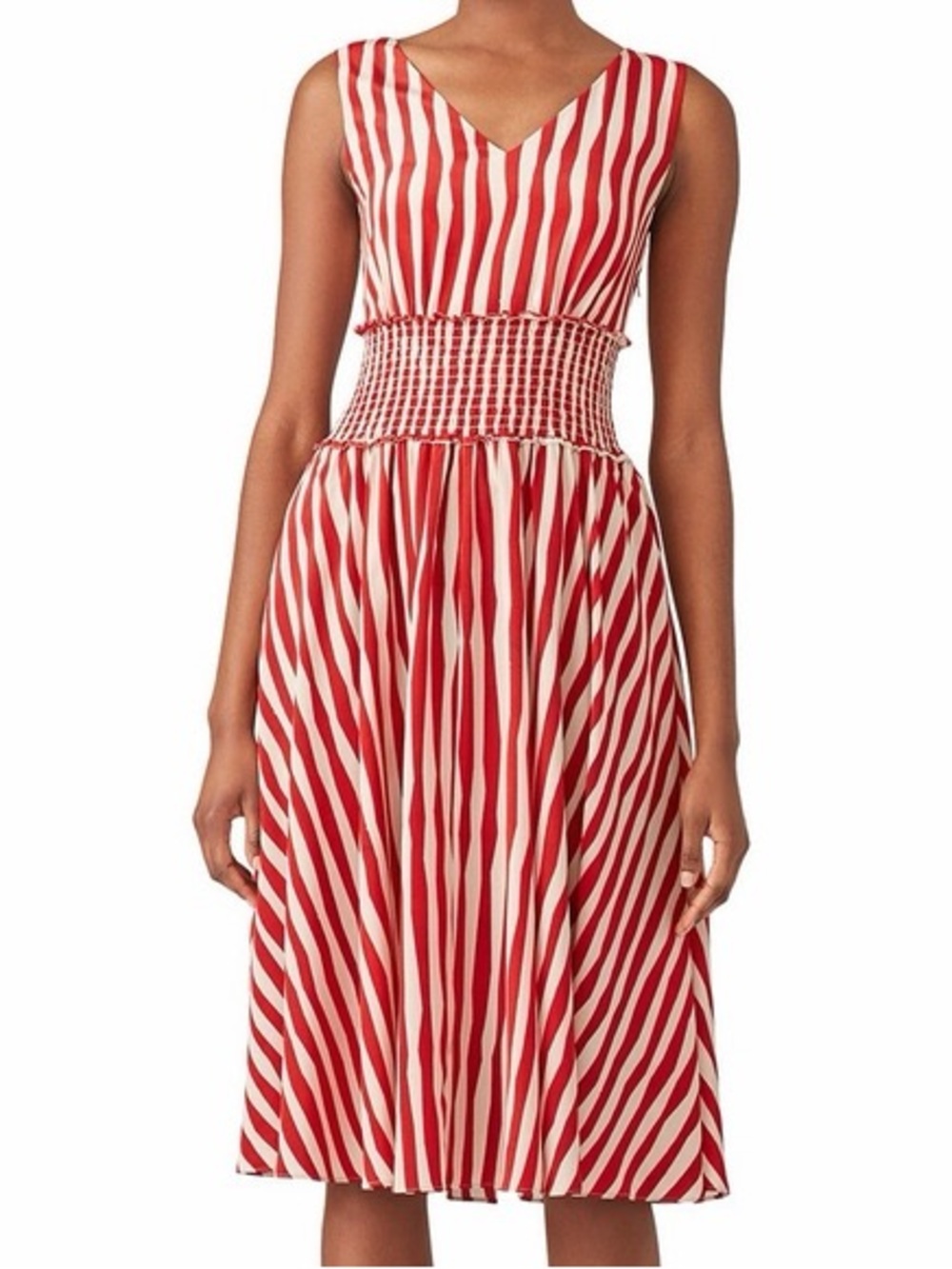 LK Bennett Dress Ambery Poppy Stripe Silk Sleeveless A-Line V-Neck Red Cream 4